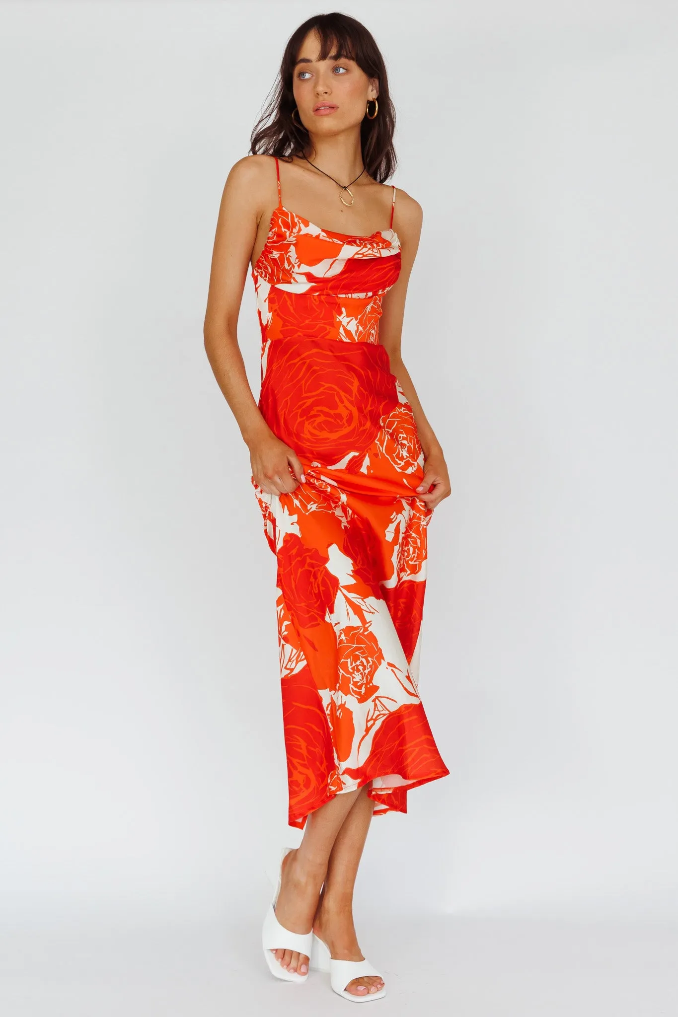 Highland Pleated Bust Midi Dress Floral Orange sold by Selfie Leslie