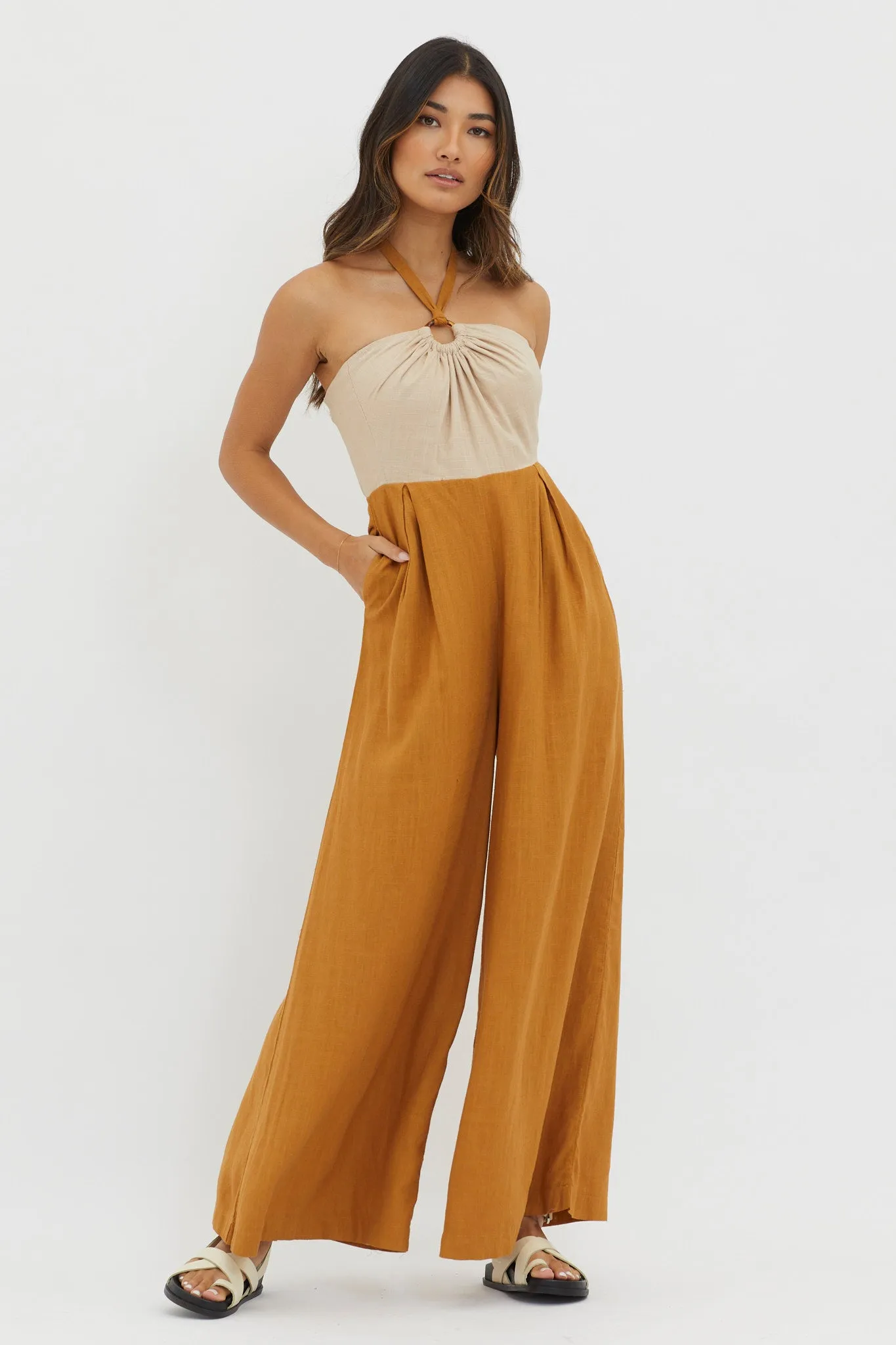 Maryn Wide Leg Halterneck Jumpsuit Mocha sold by Selfie Leslie