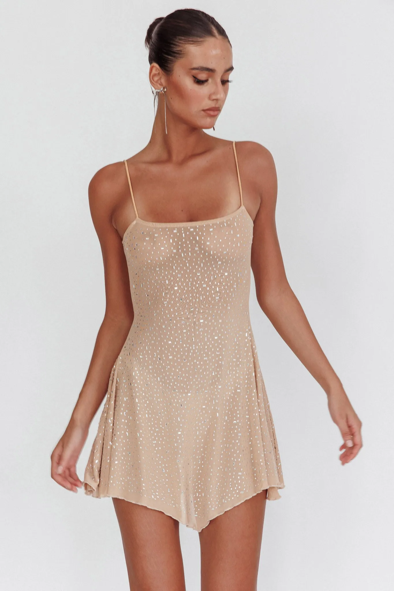 Moon Walker Sheer Rhinestone Mini Dress Nude sold by Selfie Leslie
