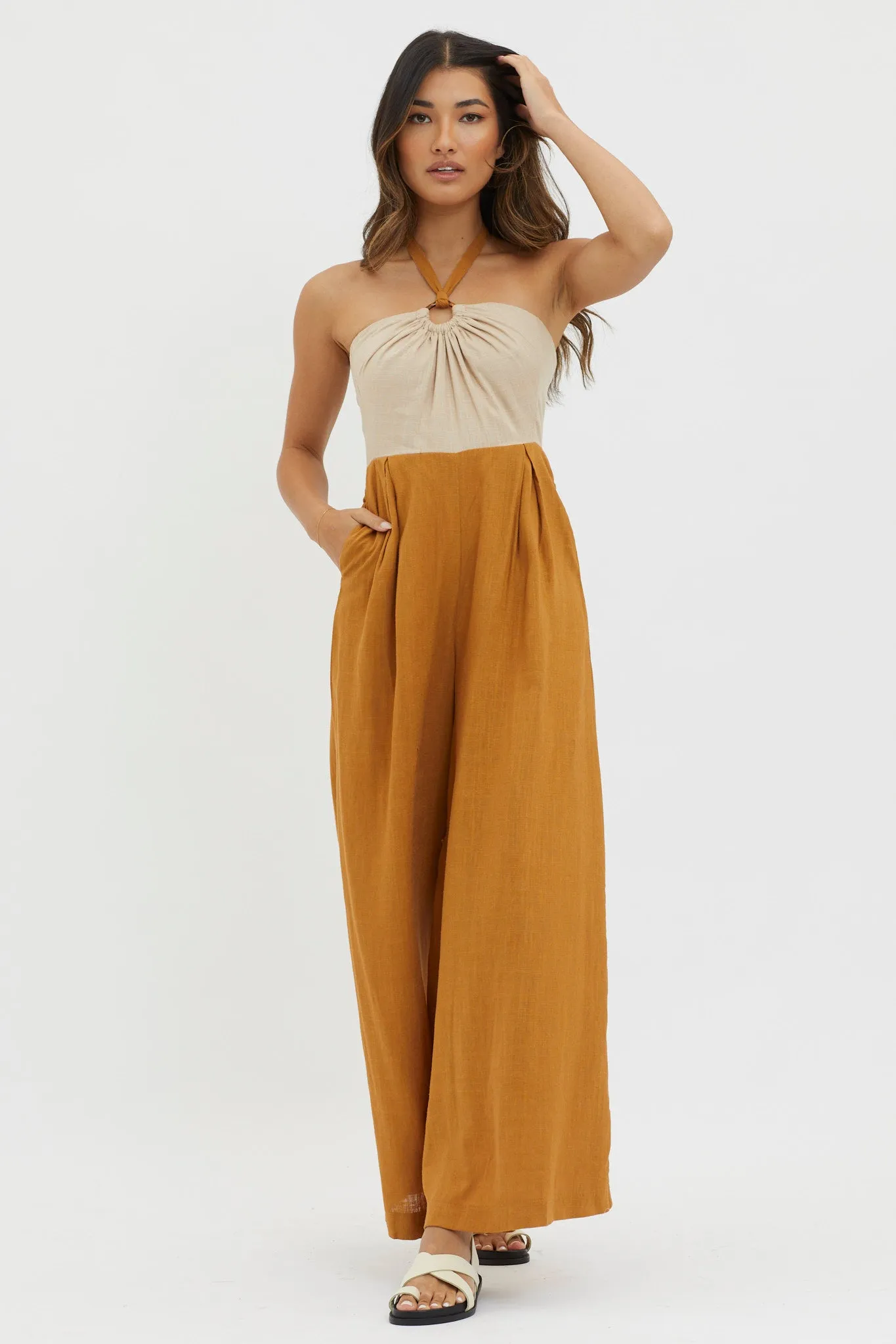 Maryn Wide Leg Halterneck Jumpsuit Mocha sold by Selfie Leslie product image thumbnail 5