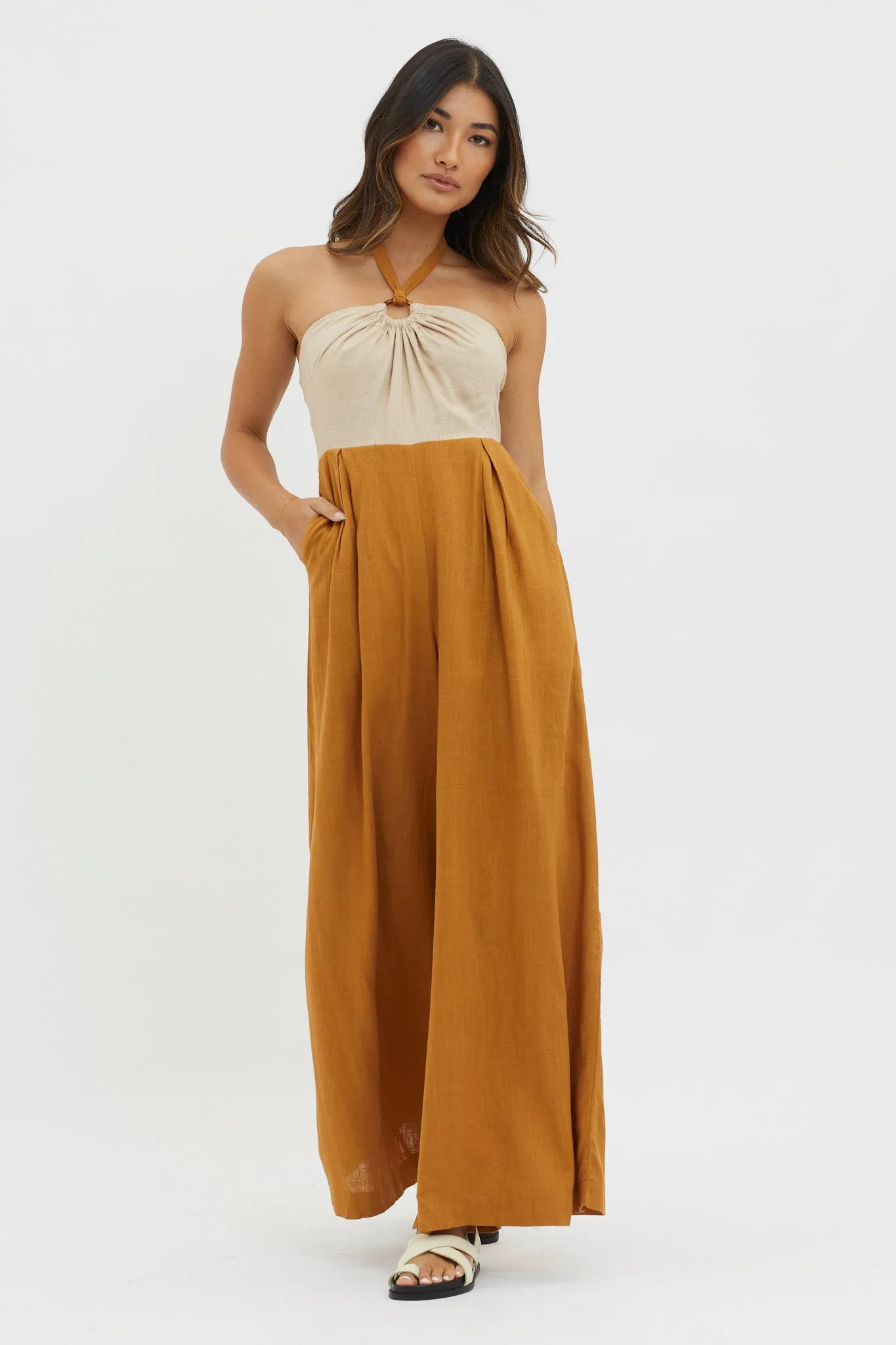 Maryn Wide Leg Halterneck Jumpsuit Mocha sold by Selfie Leslie product image thumbnail 3