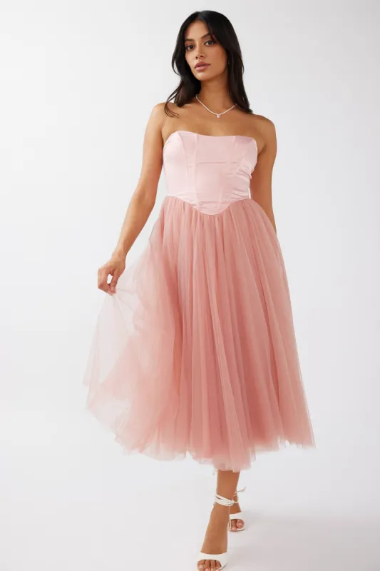Rosemary Tulle Bustier Midi Dress Pink sold by Selfie Leslie
