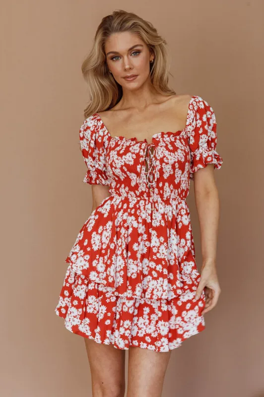 Buongiorno Bella Shirred Lace Up Mini Dress Floral Red sold by Selfie Leslie