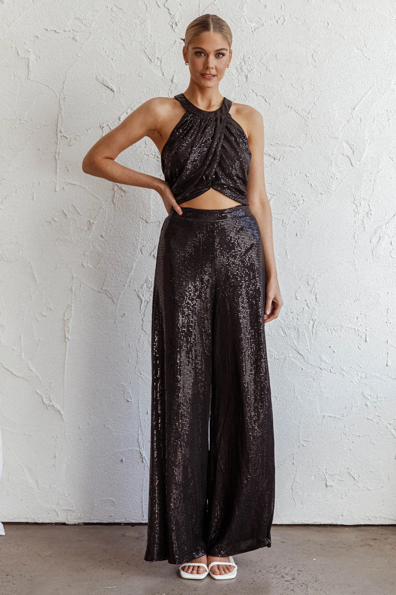 Anything Goes Wide Leg Metallic Pants Black sold by Selfie Leslie