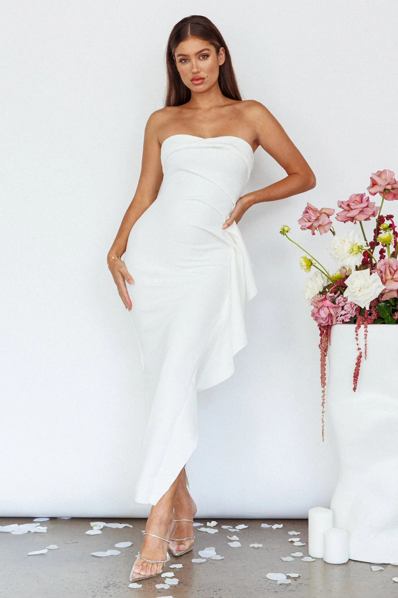 Sasha Cascade Ruffle Midi Dress White sold by Selfie Leslie