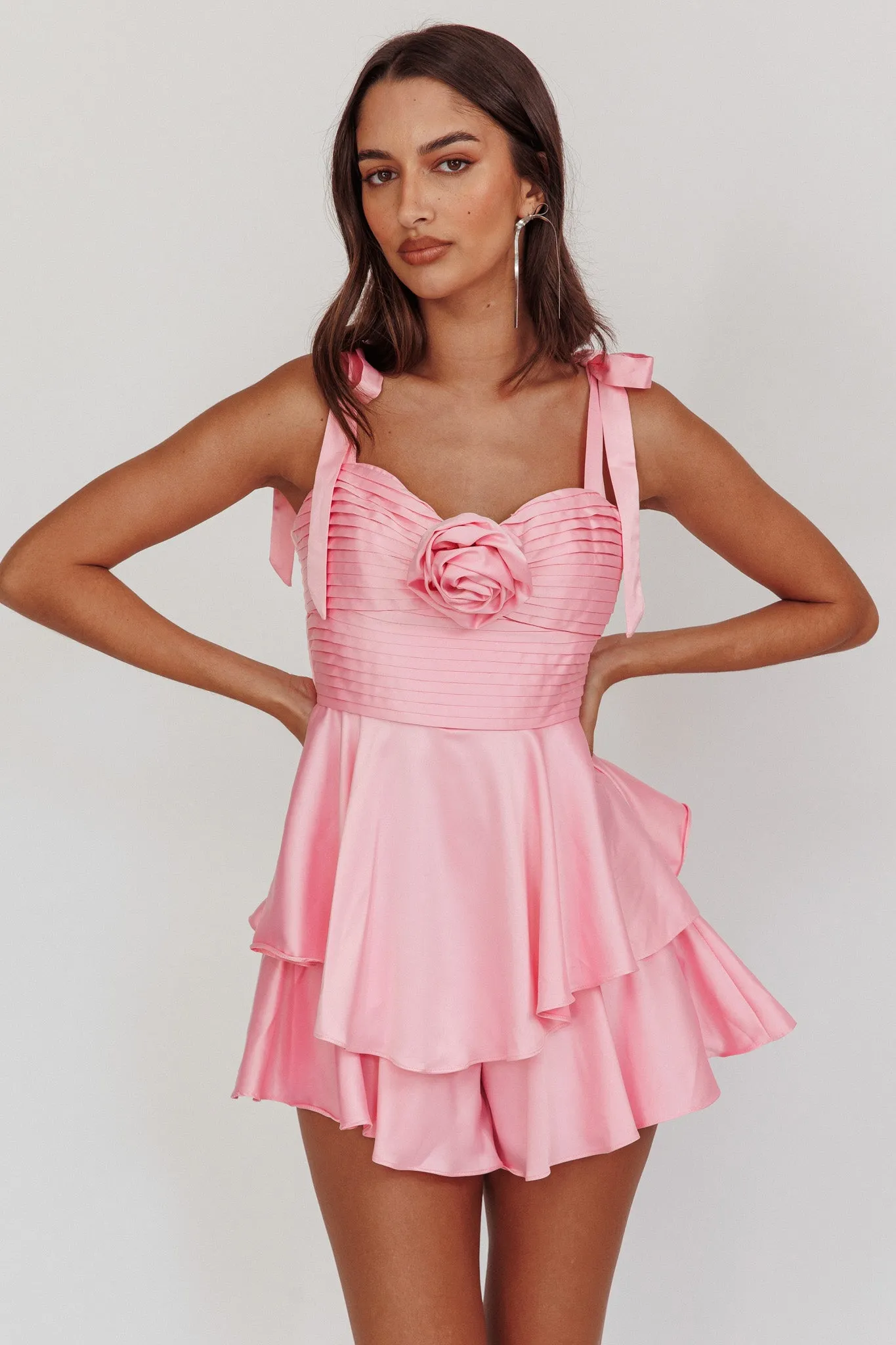 Kelia Bow Strap Rosette Romper Pink sold by Selfie Leslie product image thumbnail 5