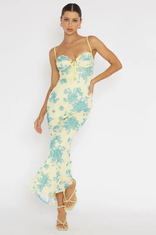 Fortune Lace Trim Mesh Midi Dress Yellow made by Selfie Leslie