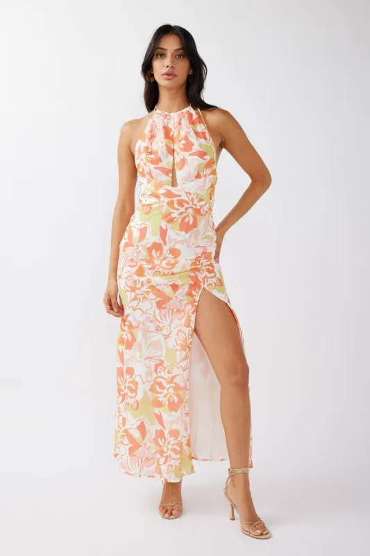Nirvana Halterneck Split Midi Dress Floral Orange sold by Selfie Leslie