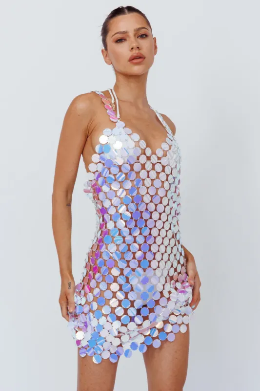 Sirenuse Acrylic Circle Mini Dress Iridescent Silver sold by Selfie Leslie
