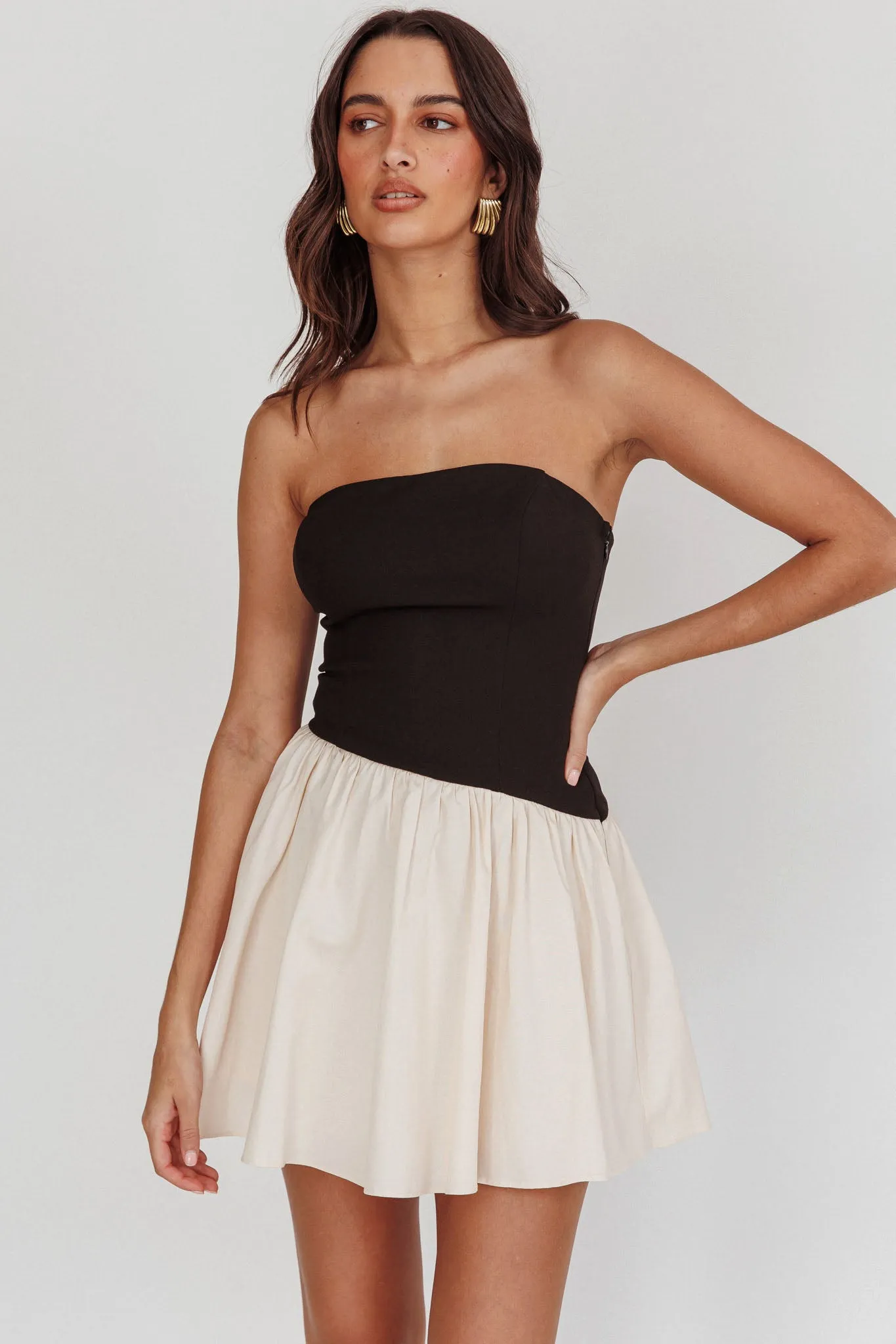 Marzipan Strapless Contrast Mini Dress Black Cream sold by Selfie Leslie product image thumbnail 5