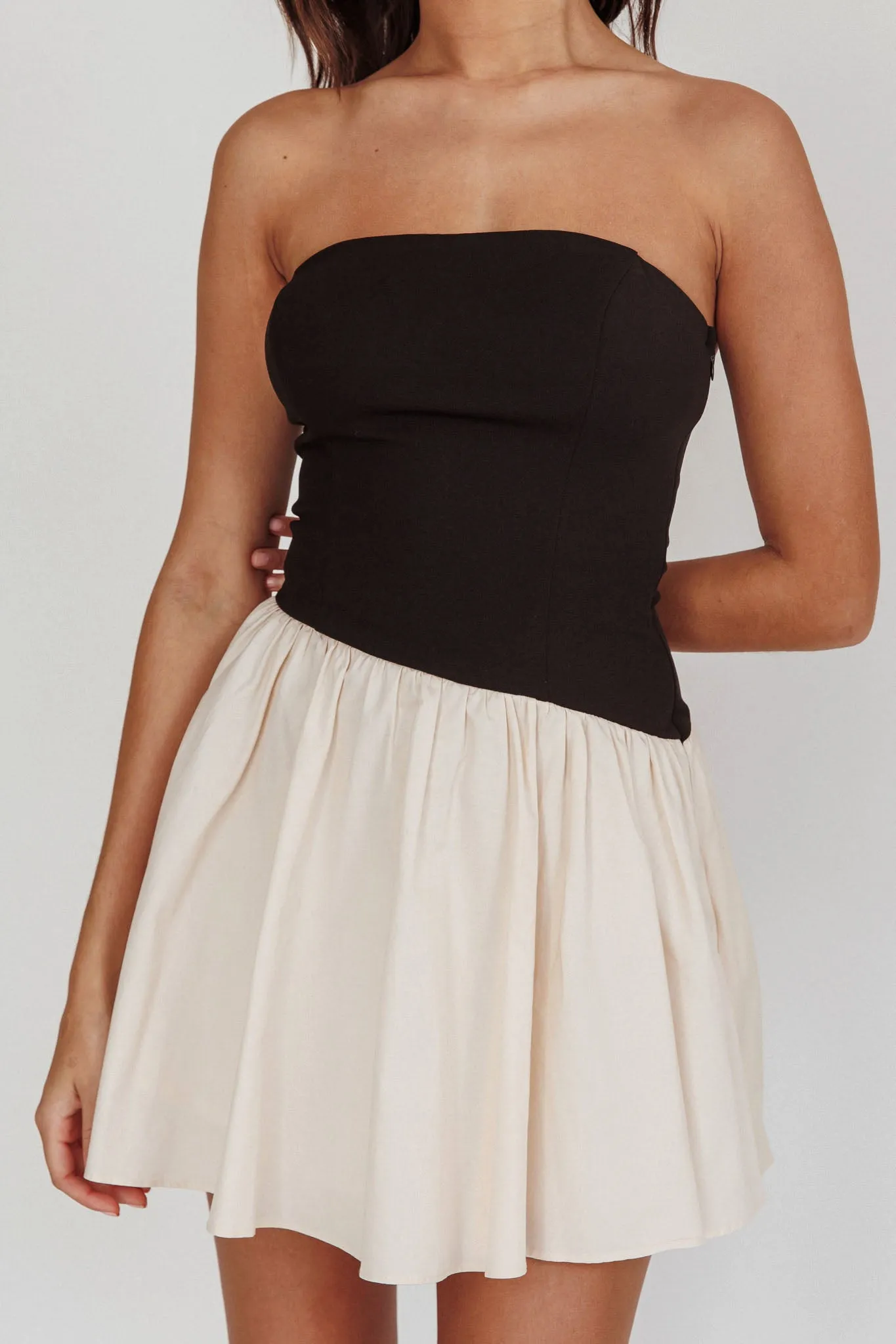 Marzipan Strapless Contrast Mini Dress Black Cream sold by Selfie Leslie product image thumbnail 4