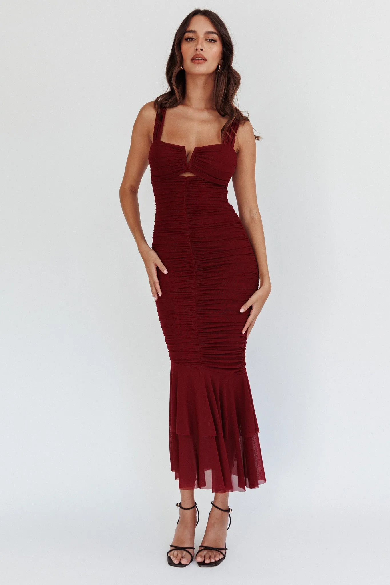 Nadia Ruched Fishtail Maxi Dress Dark Mauve sold by Selfie Leslie