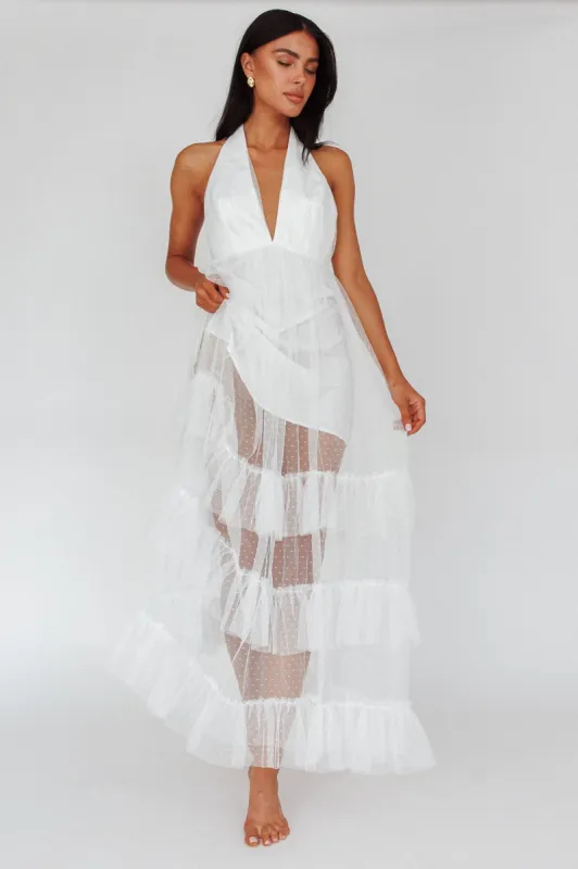 Moonlight Sonata Ruffle Mesh Maxi Dress Hail Spot White sold by Selfie Leslie