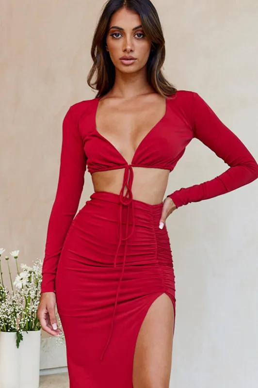 Manhattan Nights Long Sleeve String Tie-Up Crop Top Wine sold by Selfie Leslie