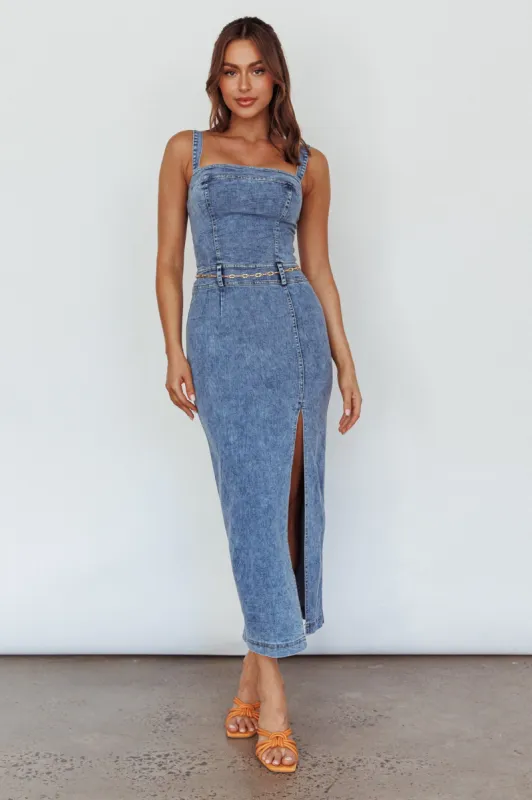 Onyx Thigh Split Midi Dress Denim sold by Selfie Leslie