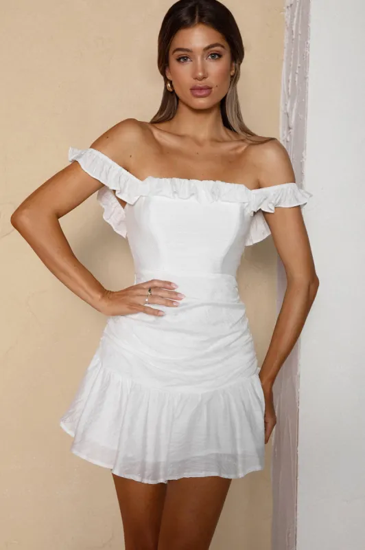 Paradis Off-Shoulder Ruched Bodice Mini Dress White sold by Selfie Leslie