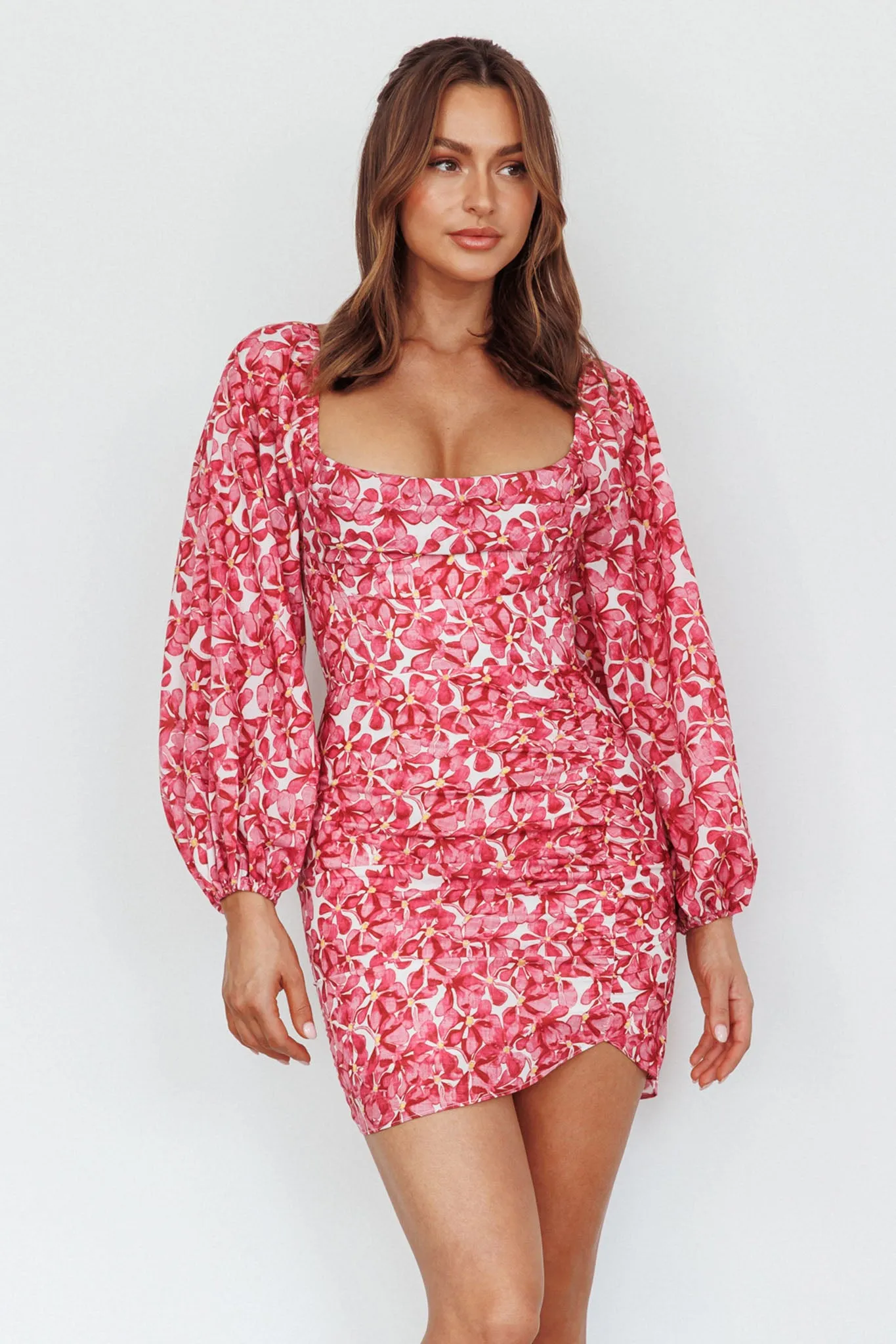 Beaujolais Long Sleeve Ruched Mini Dress Floral Pink sold by Selfie Leslie product image thumbnail 5