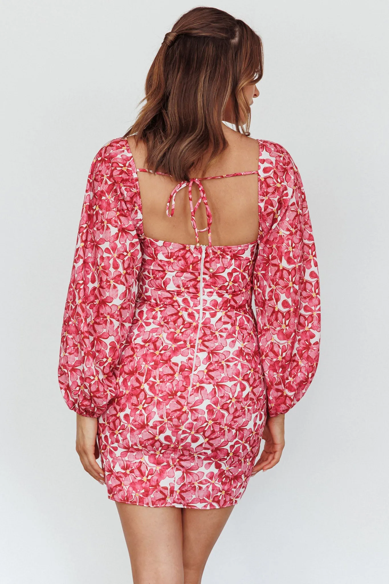 Beaujolais Long Sleeve Ruched Mini Dress Floral Pink sold by Selfie Leslie product image thumbnail 3