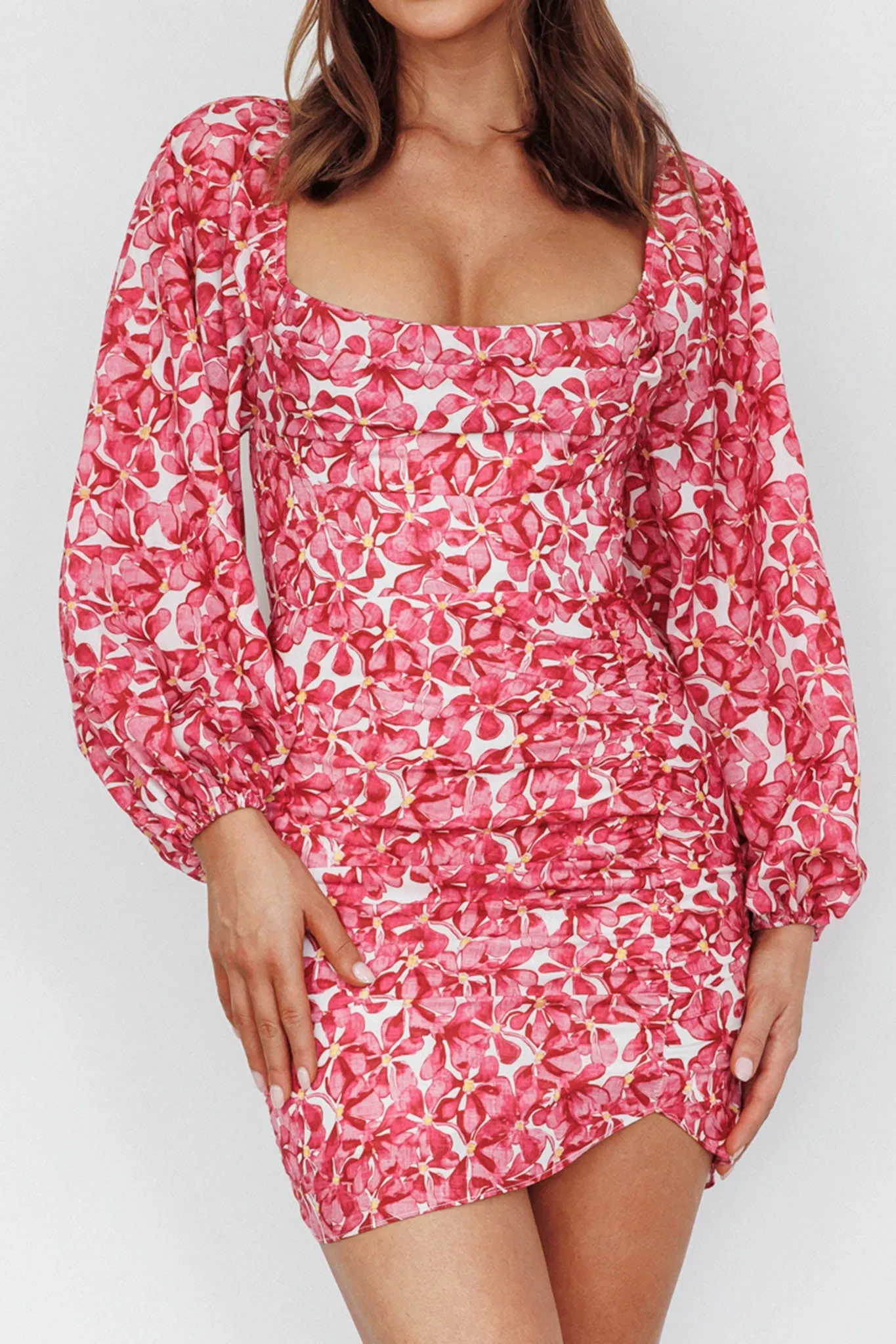 Beaujolais Long Sleeve Ruched Mini Dress Floral Pink sold by Selfie Leslie product image thumbnail 4