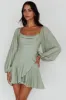 Beaujolais Long Sleeve Cowl Neckline Ruffle Mini Dress Sage sold by Selfie Leslie
