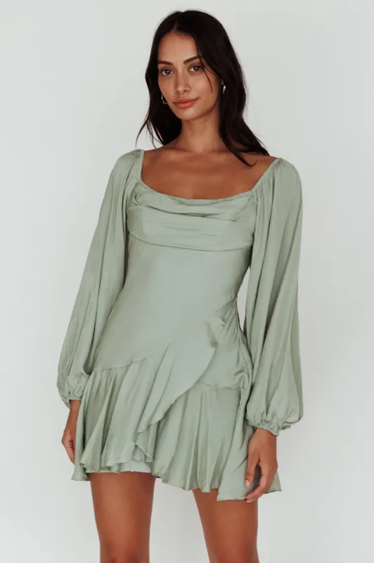 Beaujolais Long Sleeve Cowl Neckline Ruffle Mini Dress Sage sold by Selfie Leslie