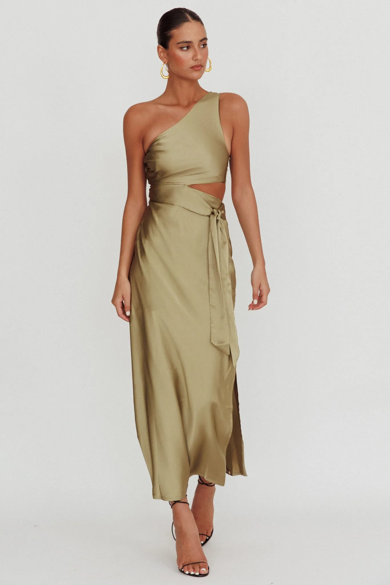Abloom One Shoulder Satin Maxi Dress Khaki sold by Selfie Leslie