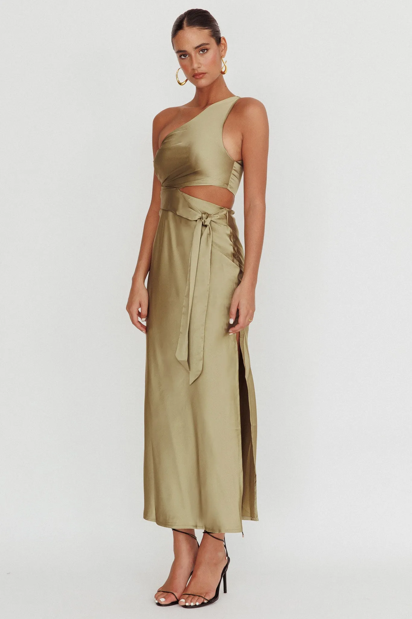 Abloom One Shoulder Satin Maxi Dress Khaki sold by Selfie Leslie product image thumbnail 3