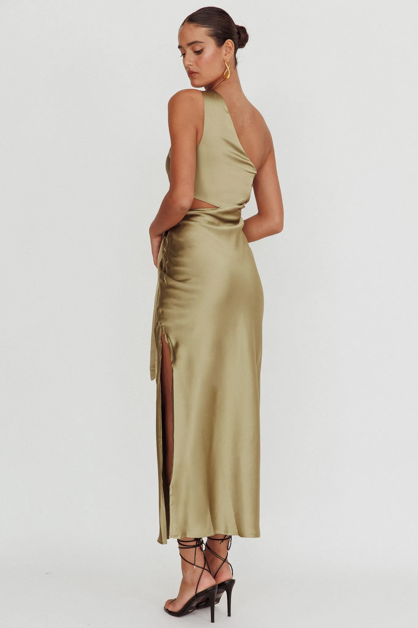 Abloom One Shoulder Satin Maxi Dress Khaki sold by Selfie Leslie product image thumbnail 2
