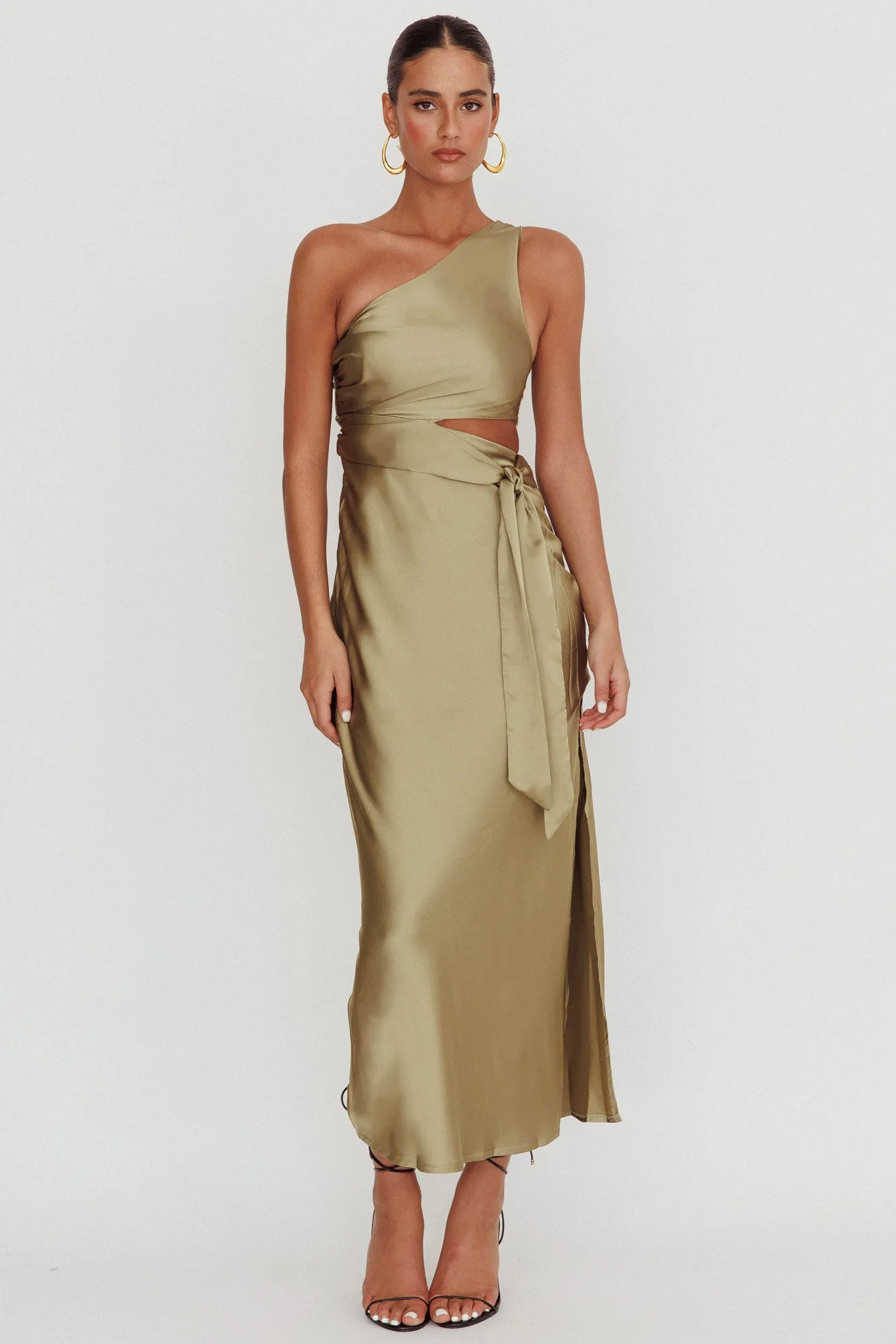 Abloom One Shoulder Satin Maxi Dress Khaki sold by Selfie Leslie product image thumbnail 5