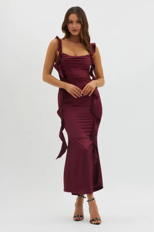 Blushing Ruffle Trim Midi Dress Wine sold by Selfie Leslie