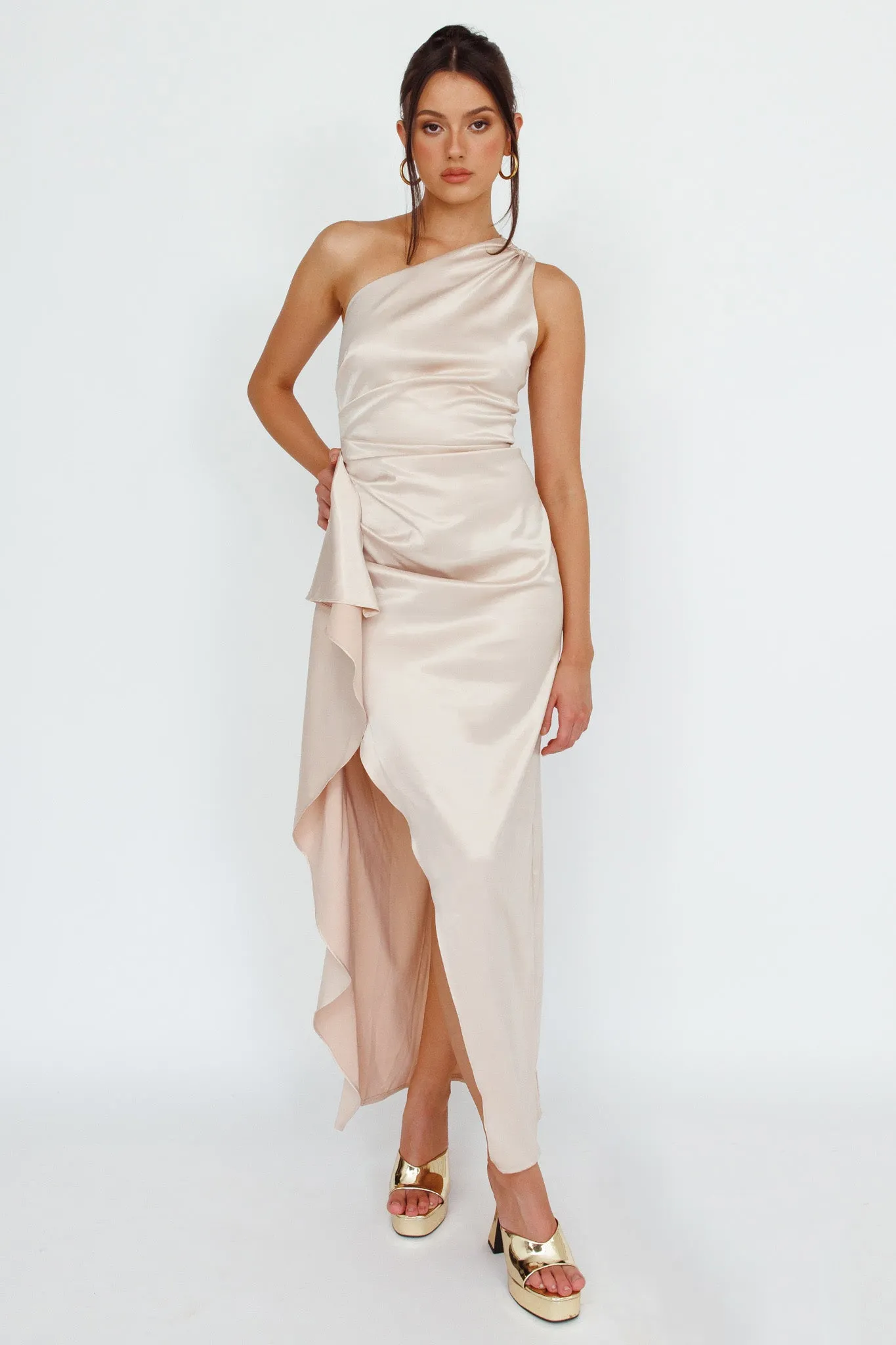 Kamillia One-Shoulder Split Midi Dress Champagne sold by Selfie Leslie