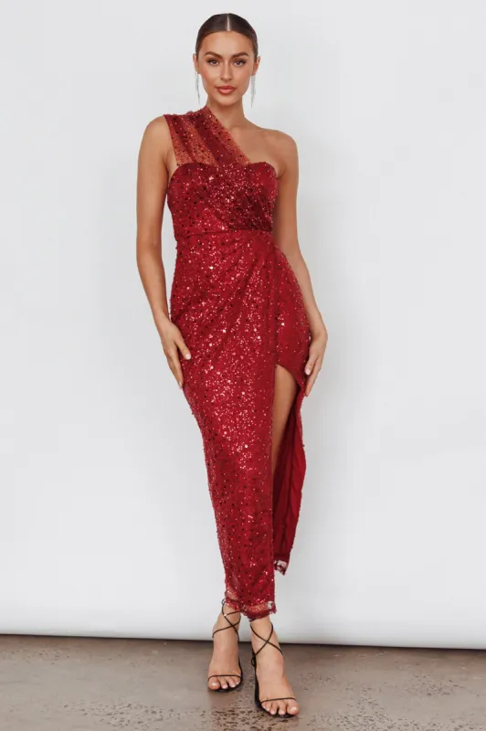 Doniella One-Shoulder Split Sequin Maxi Dress Wine sold by Selfie Leslie