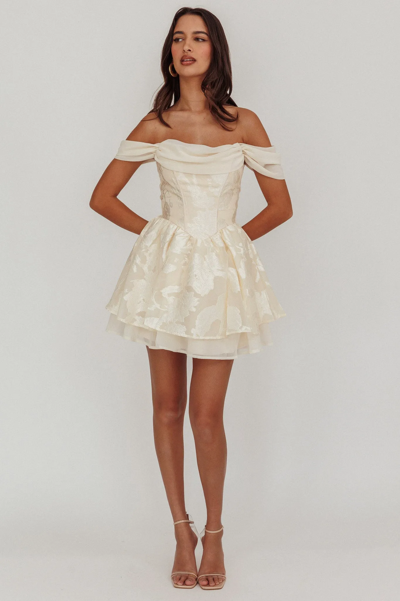 knee length dresses for ladies Lisette Off-Shoulder Chiffon Mini Dress Xs / Neutrals