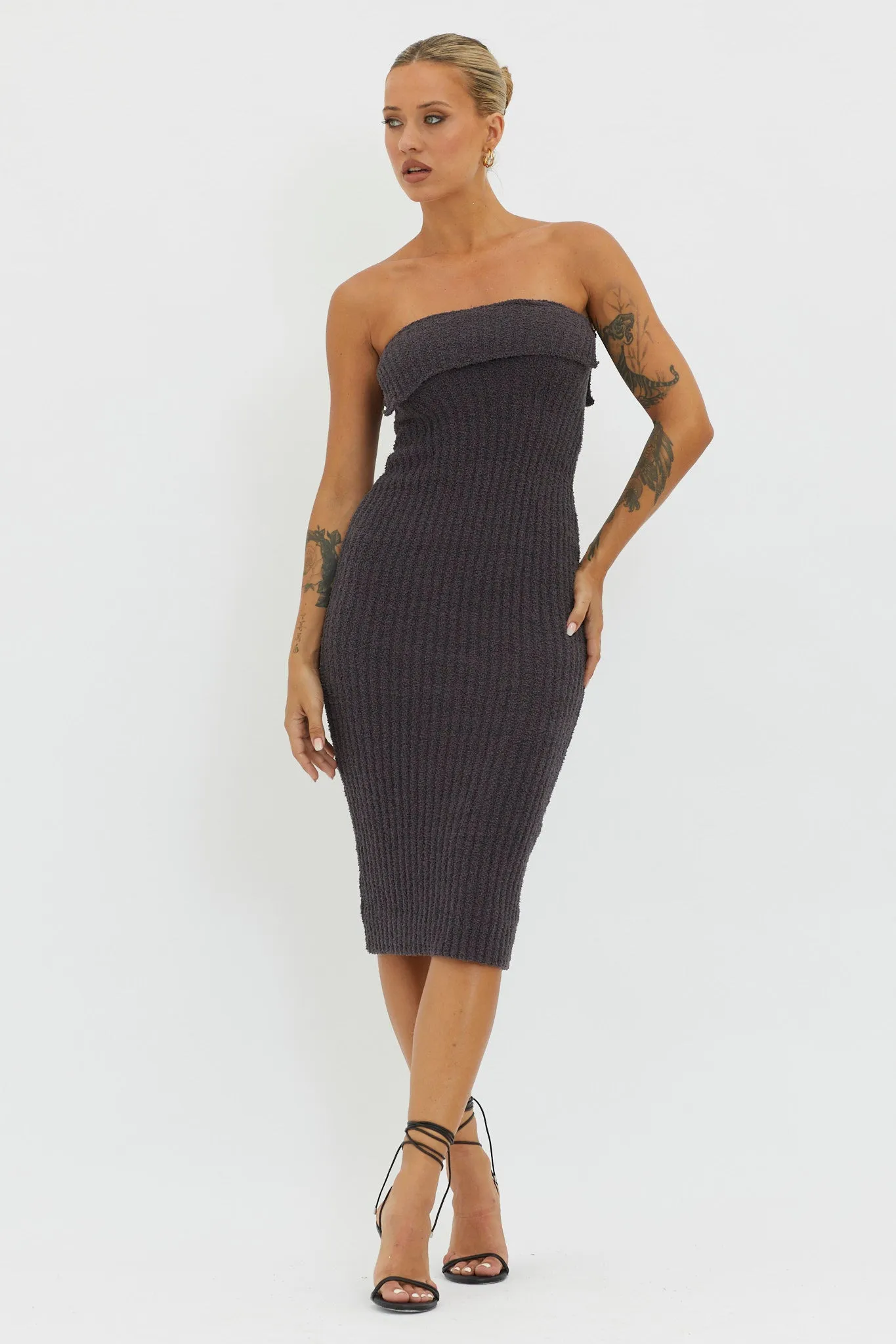 Lupita Foldover Ribbed Knit Midi Dress Charcoal sold by Selfie Leslie product image thumbnail 4