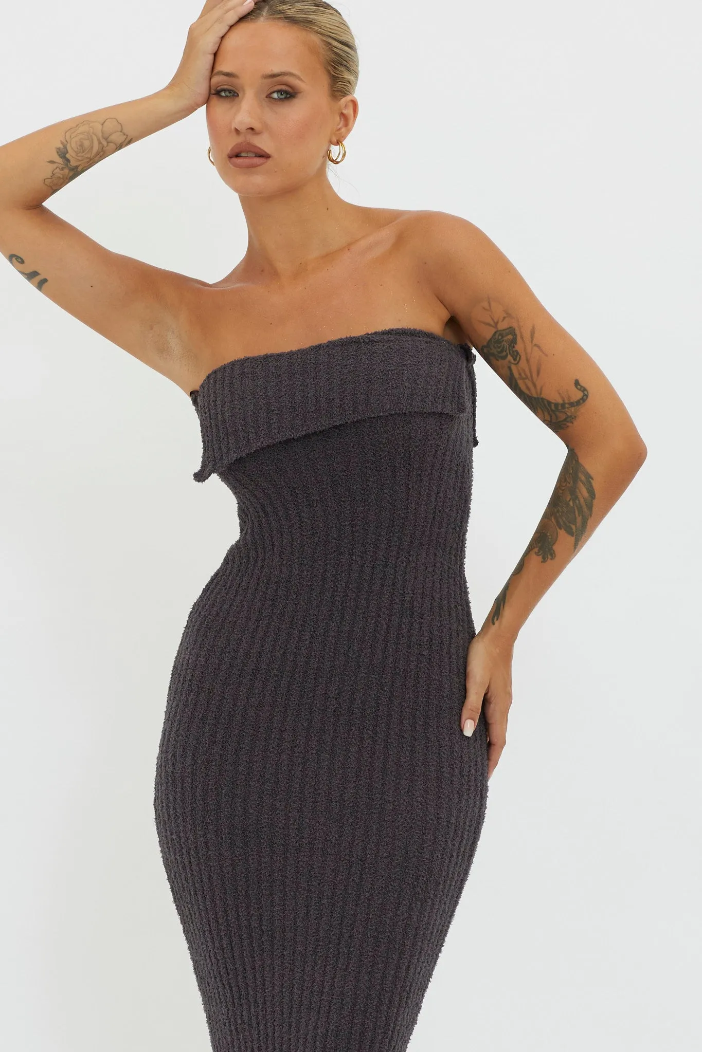 Lupita Foldover Ribbed Knit Midi Dress Charcoal sold by Selfie Leslie product image thumbnail 3