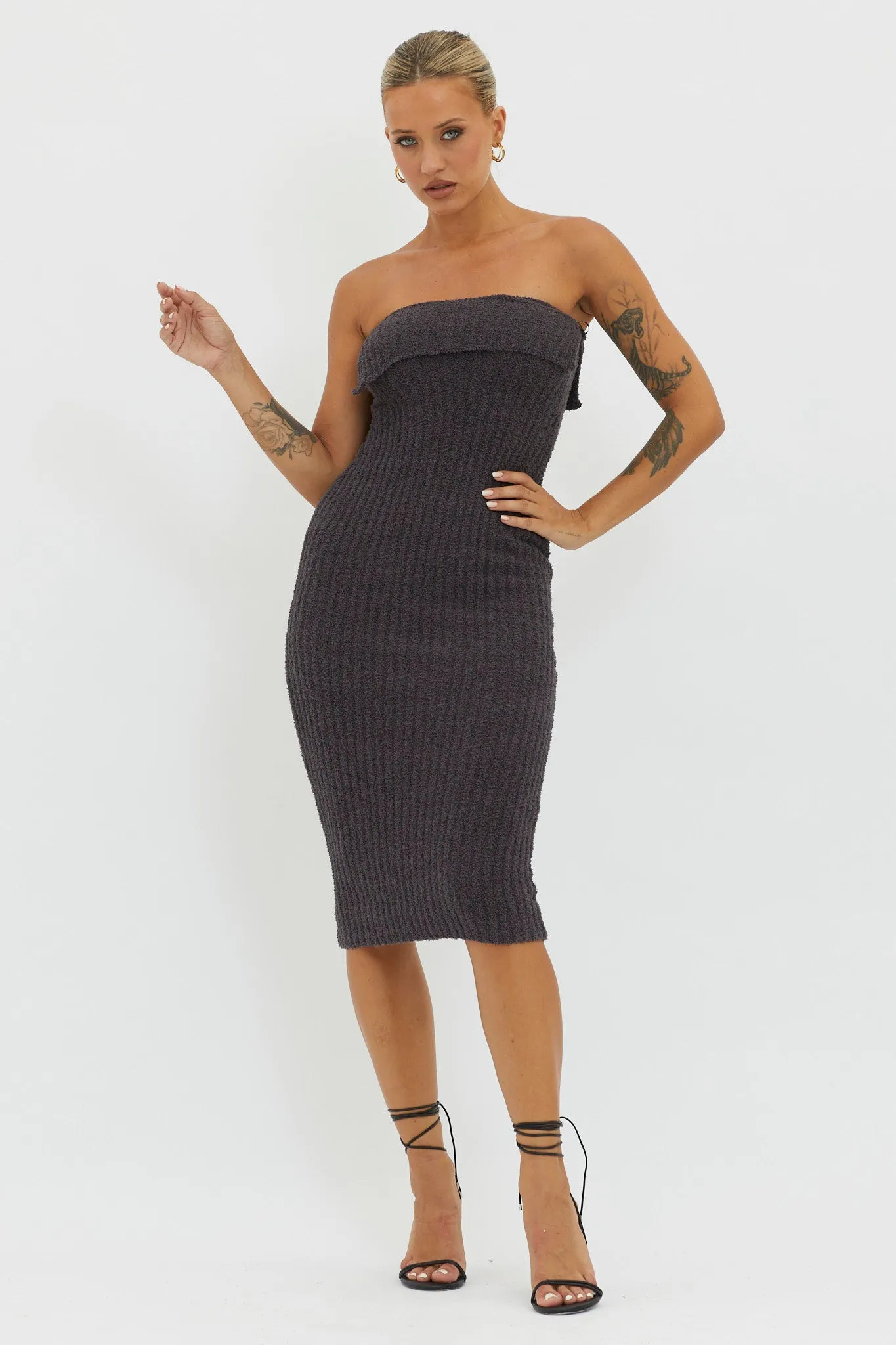 Lupita Foldover Ribbed Knit Midi Dress Charcoal sold by Selfie Leslie