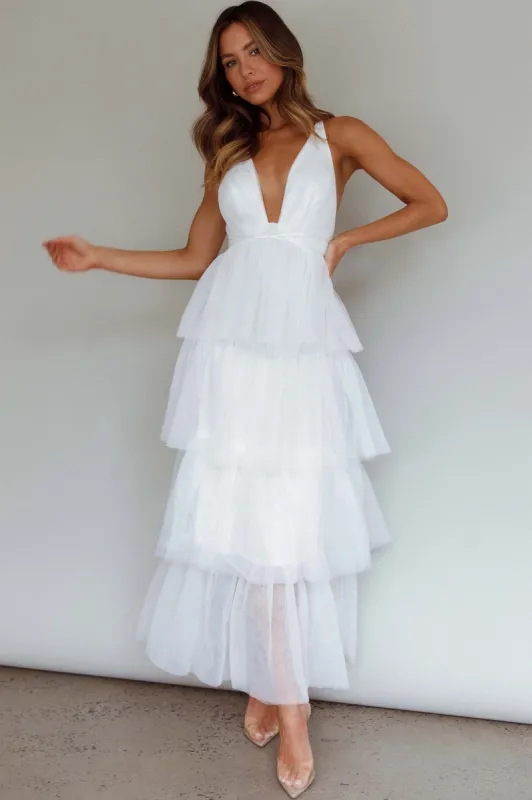 Auguste Tiered Frill Midi Dress White sold by Selfie Leslie