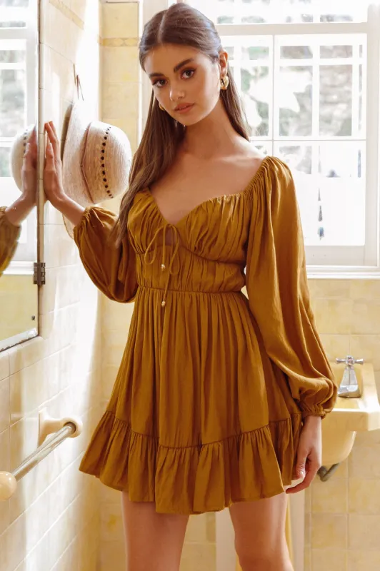 Vista Del Mar Tied Bust Mini Dress Tan sold by Selfie Leslie