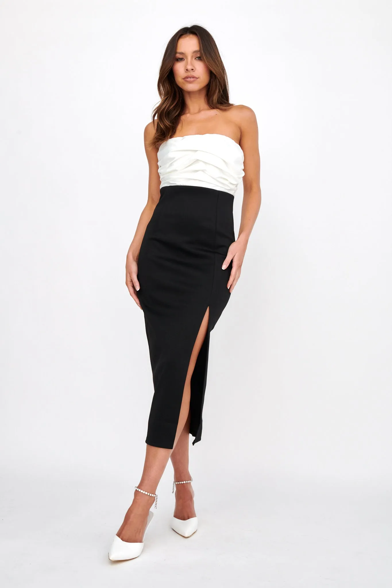Brandi Strapless Split Midi Dress White/Black sold by Selfie Leslie product image thumbnail 2