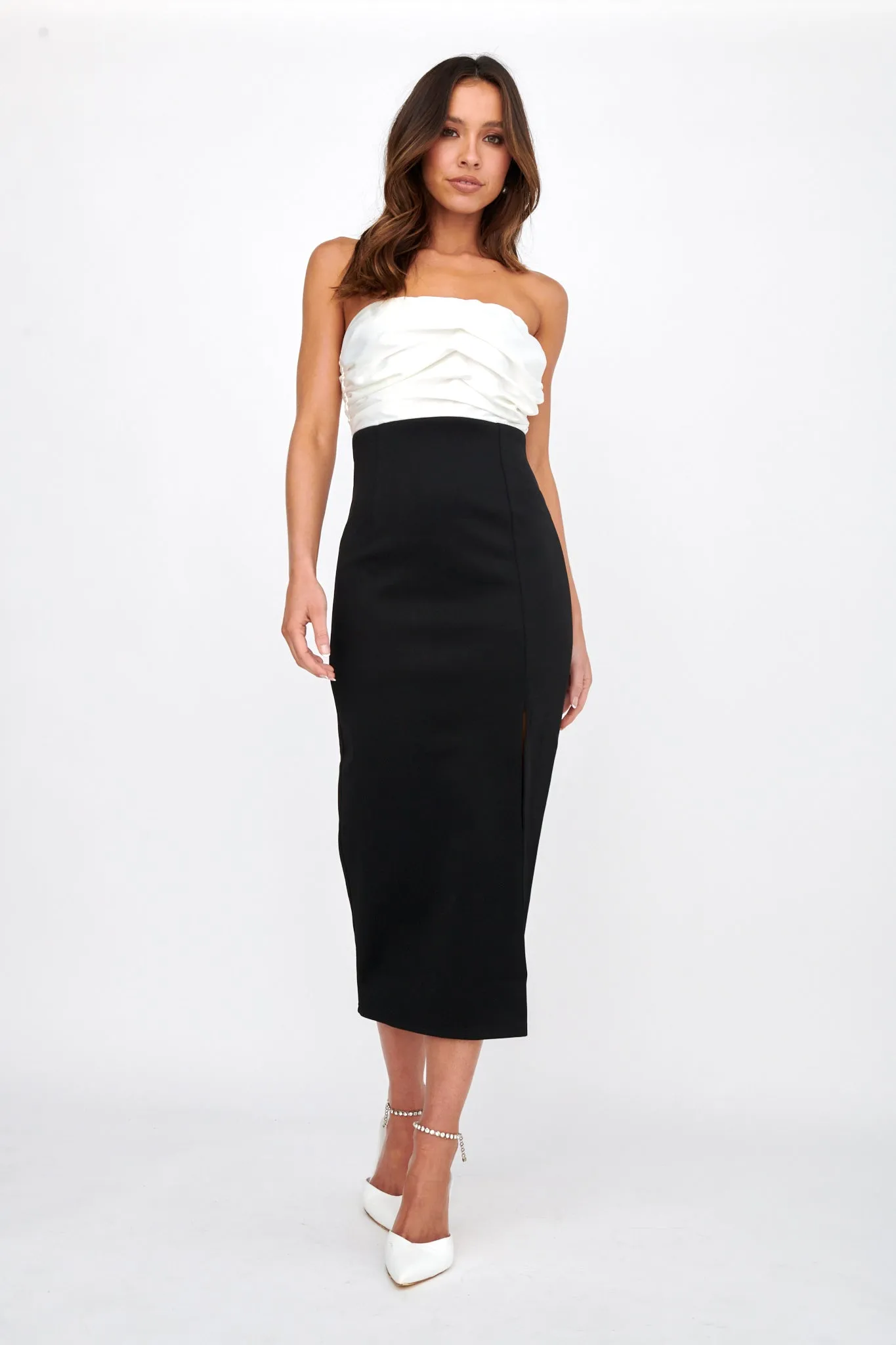 Brandi Strapless Split Midi Dress White/Black sold by Selfie Leslie