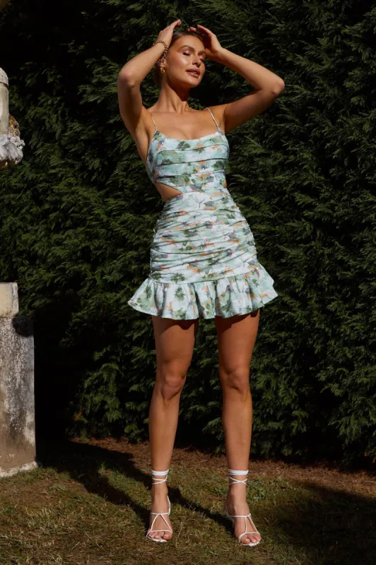 Augustine Pleated Detail Cut-Out Waist Dress Floral Green sold by Selfie Leslie