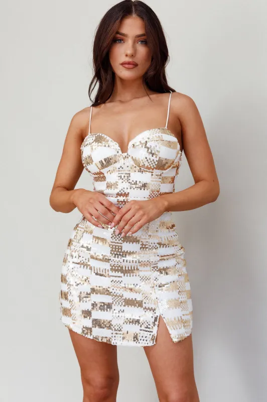 Selene Structured Bust Sequin Mini Dress Gold/White sold by Selfie Leslie