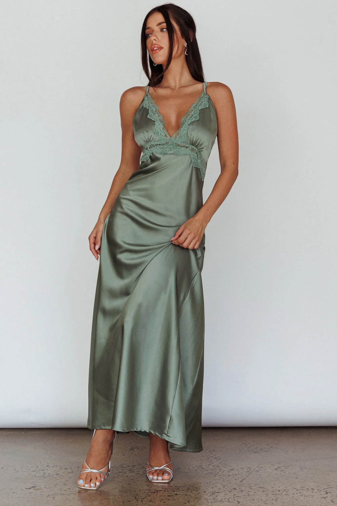 Signature Lace Trim Midi Dress Sage sold by Selfie Leslie