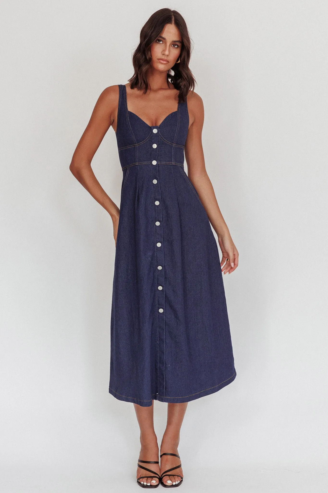 Pixie Dust Button Front Midi Dress Dark Denim sold by Selfie Leslie product image thumbnail 3