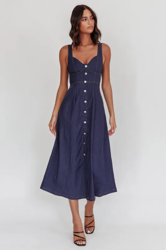 Pixie Dust Button Front Midi Dress Dark Denim sold by Selfie Leslie