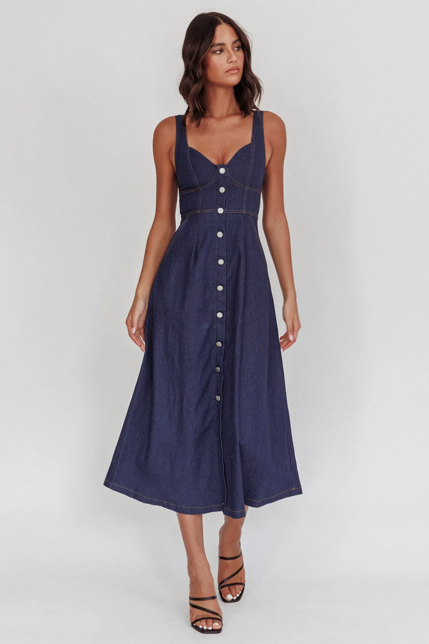 Pixie Dust Button Front Midi Dress Dark Denim sold by Selfie Leslie