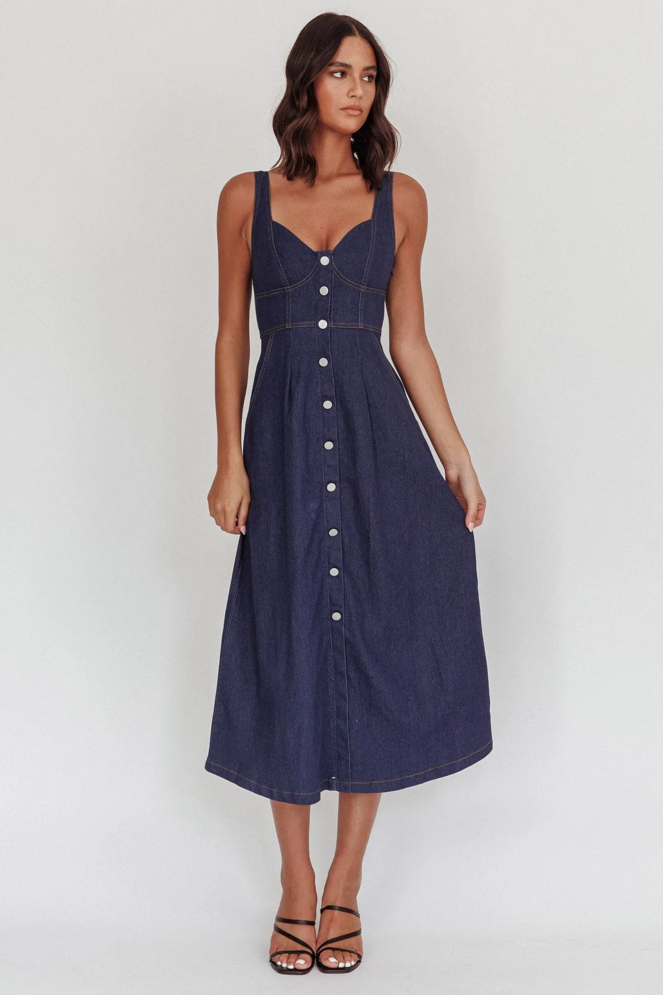 Pixie Dust Button Front Midi Dress Dark Denim sold by Selfie Leslie product image thumbnail 5