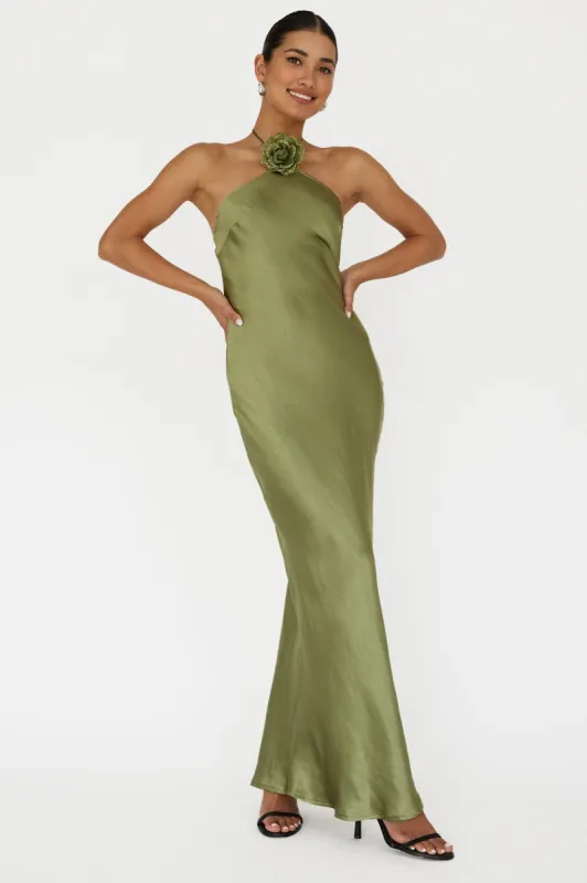 High Roller Flower Decoration Halter Dress Olive sold by Selfie Leslie