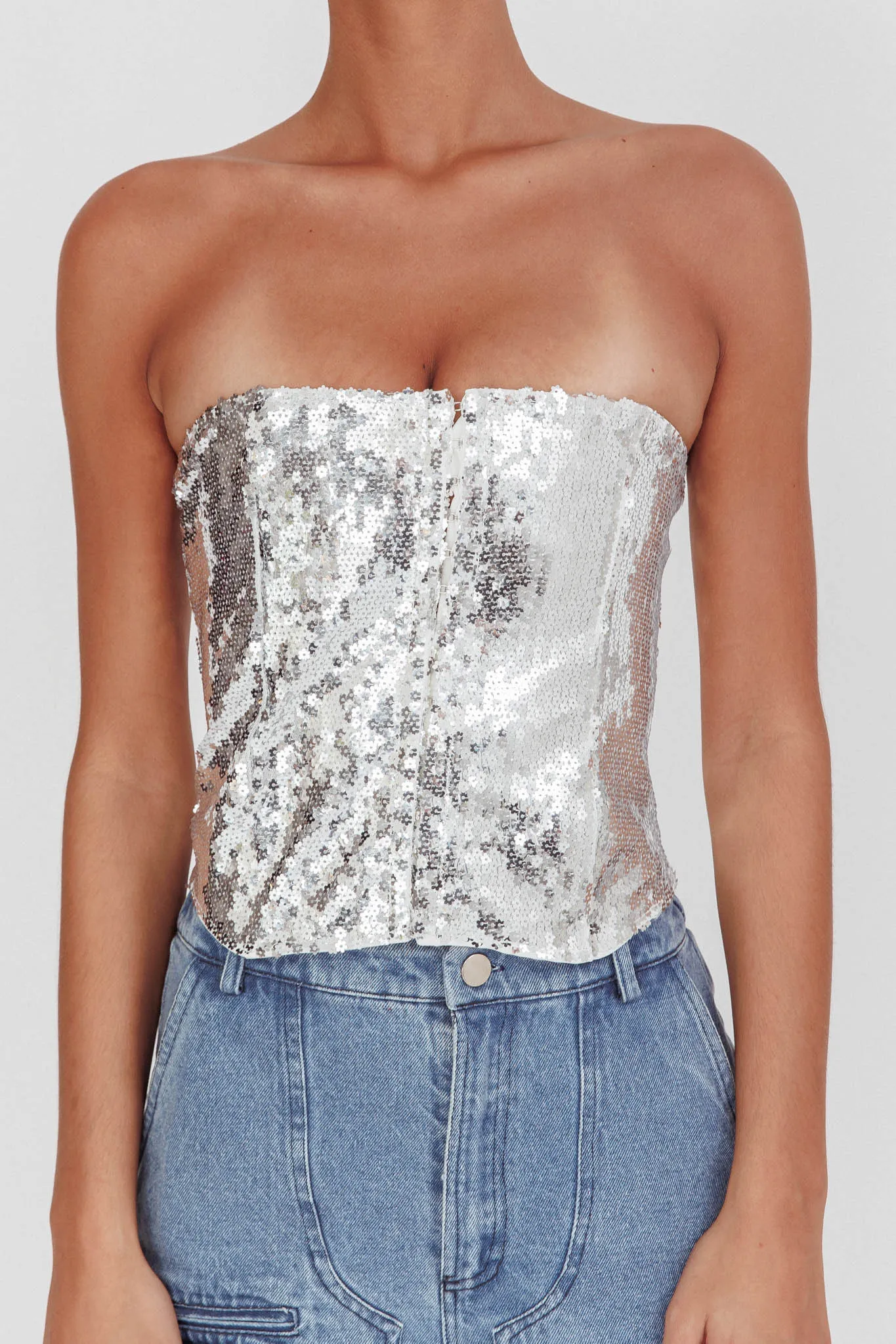 Belgium Strapless Lace-Up Back Top Sequin Silver sold by Selfie Leslie product image thumbnail 4