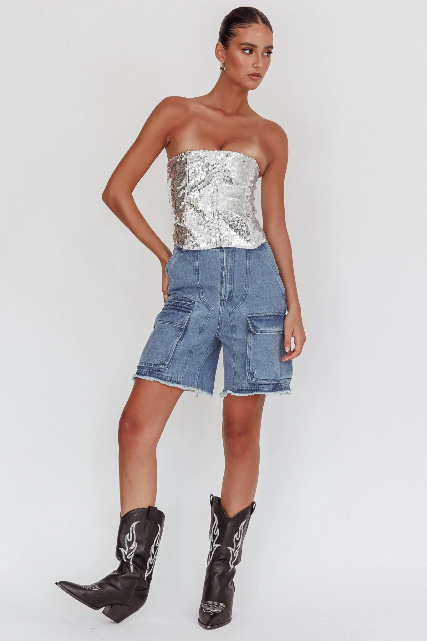 Belgium Strapless Lace-Up Back Top Sequin Silver sold by Selfie Leslie product image thumbnail 3